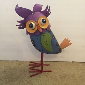 Whimsical Metal Owl Figurine with Spring To Bobble Colorful‎ Indoor Outdoor